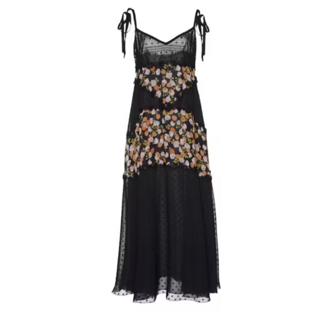 Giamba 40/SX-S Black Tierred Ruffles Dress Floral Appliques Spaghetti Strap NWT
